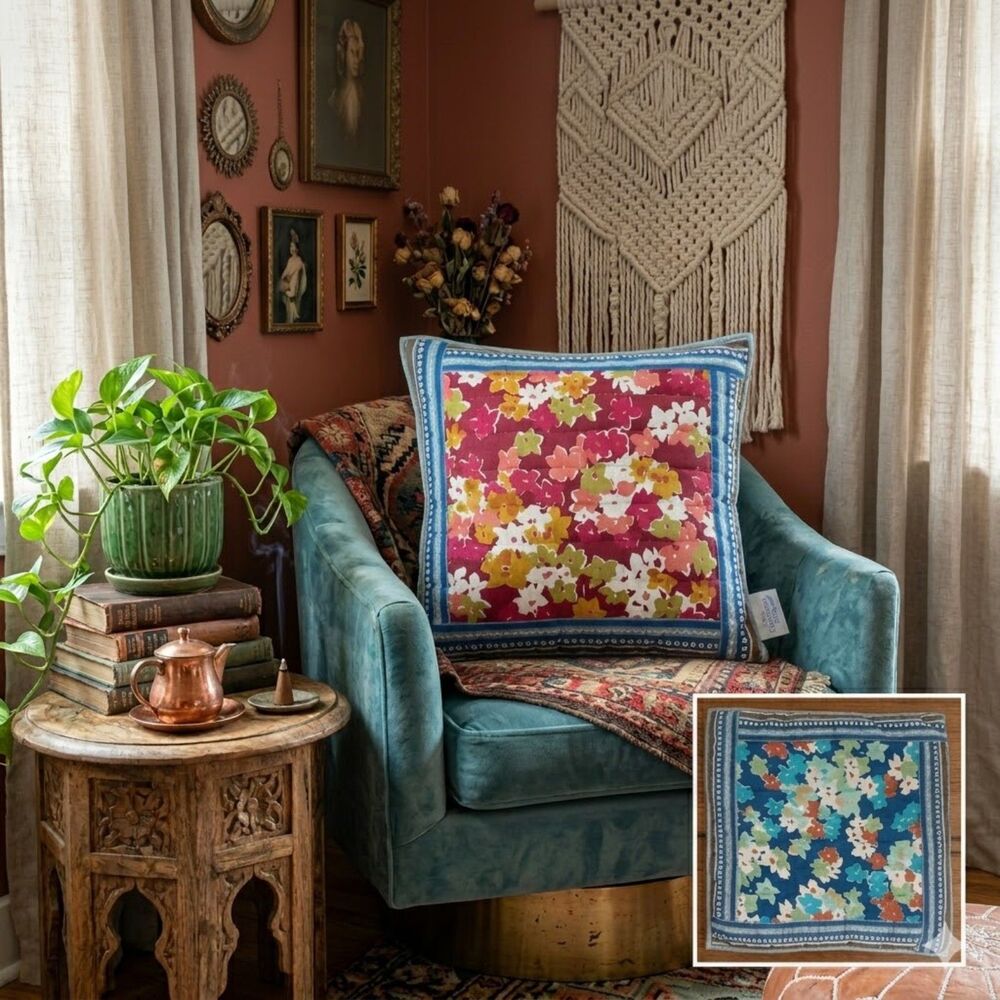 The Company Store bohemian quilted reversible floral pillow pink blue 17x18